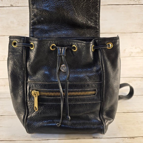 Vintage Pattie Jarrell Colorado USA Black Leather Mini Backpack Drawstring Bag